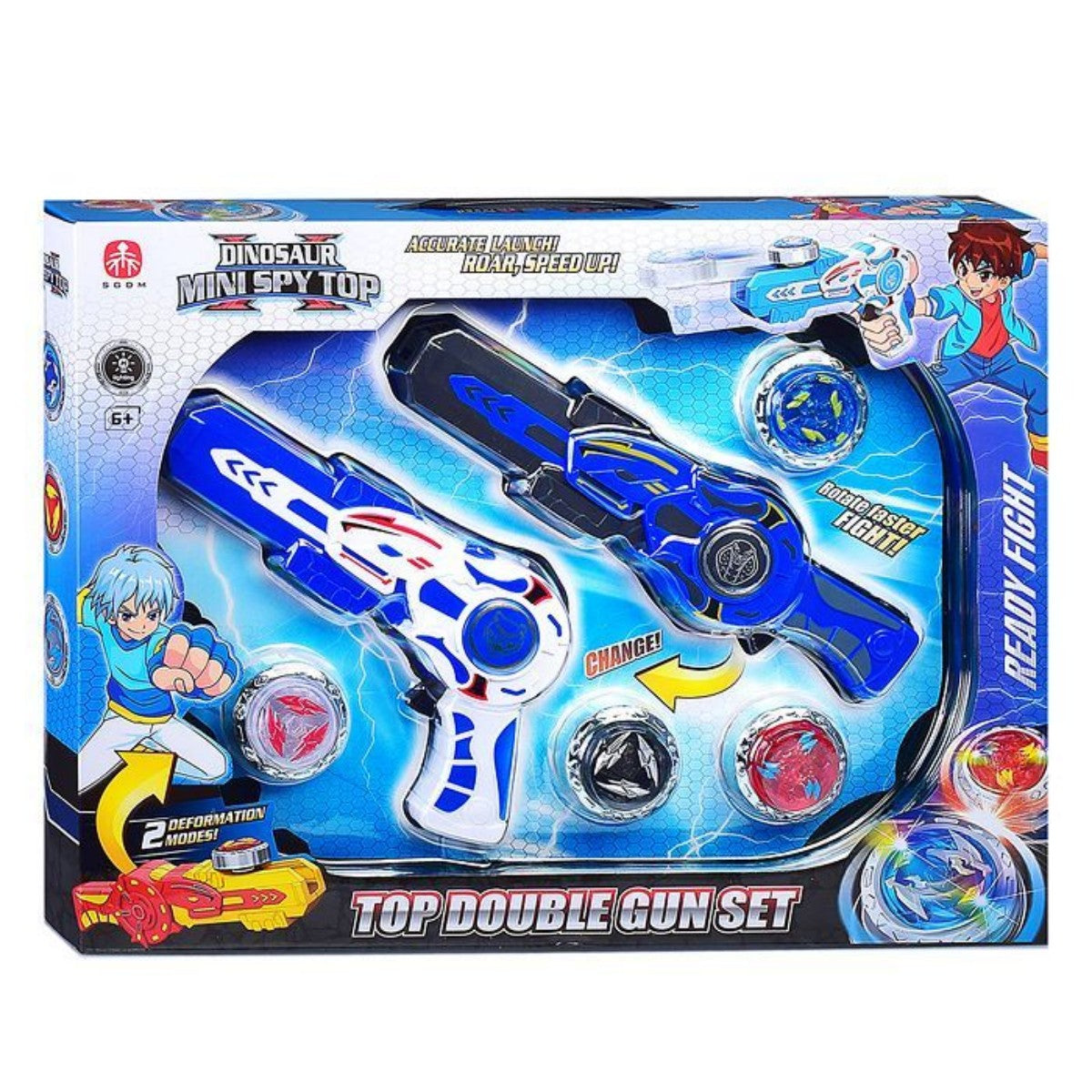FUNTOP Top Double Gun Set(Random Color) featuring two blue launchers and spinning tops in a vibrant toy packaging for kids' battle play.